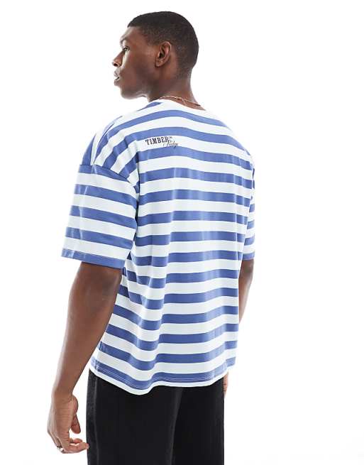 ASOS DESIGN Boxy Oversized Dropped Shoulder Striped T-shirt With Back Print In Blue And White