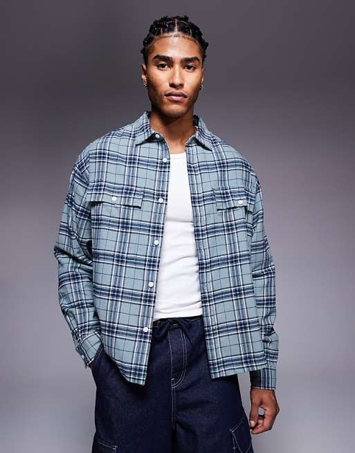 ASOS DESIGN boxy oversized flannel check shirt in blue