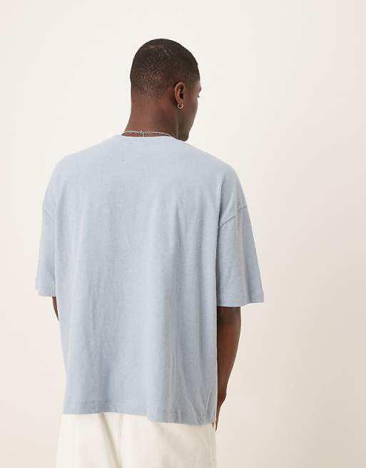 ASOS DESIGN Boxy Oversized Linen Blend T-shirt With Cafe Graphic In Light Blue