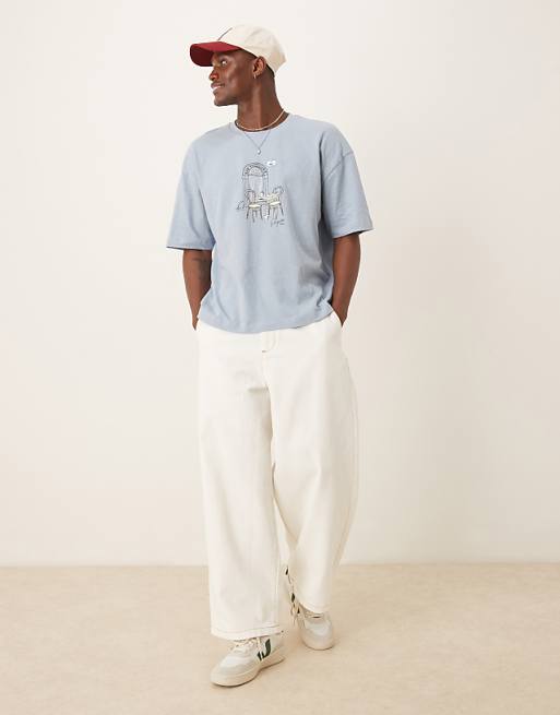 ASOS DESIGN Boxy Oversized Linen Blend T-shirt With Cafe Graphic In Light Blue