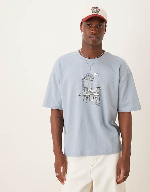 ASOS DESIGN Boxy Oversized Linen Blend T-shirt With Cafe Graphic In Light Blue