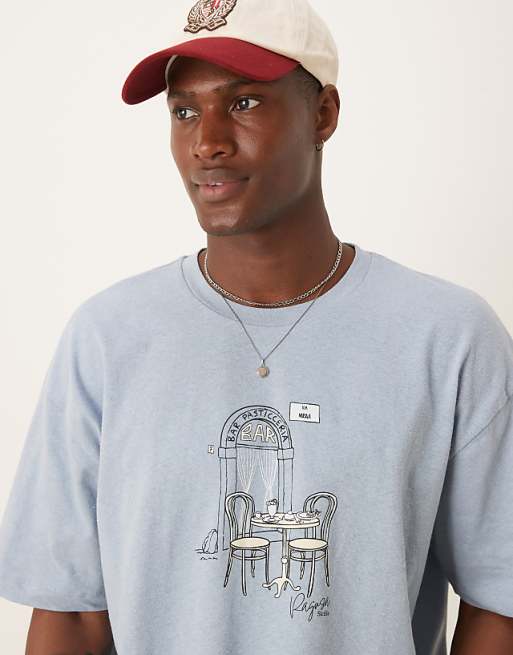 ASOS DESIGN boxy oversized linen blend t-shirt with cafe graphic in light blue