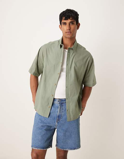 ASOS DESIGN boxy oversized linen look shirt in sage green