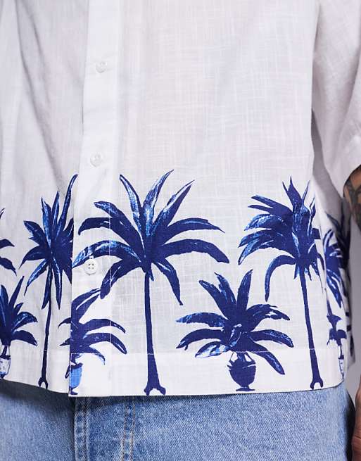 ASOS DESIGN Boxy Oversized Linen Look Shirt With Palm Tree Print In White