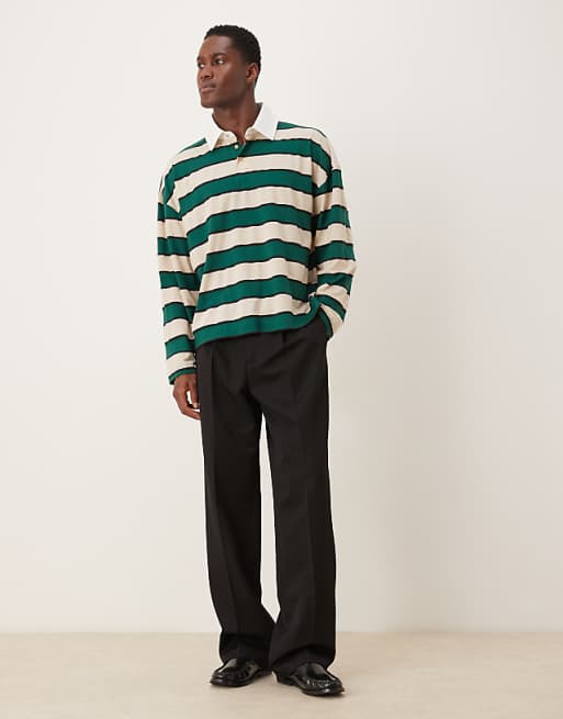 ASOS DESIGN Boxy Oversized Long Sleeve Rugby Polo With Dropped Shoulder In Green And White Stripe