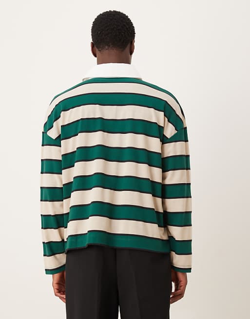 ASOS DESIGN Boxy Oversized Long Sleeve Rugby Polo With Dropped Shoulder In Green And White Stripe