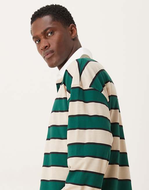 ASOS DESIGN Boxy Oversized Long Sleeve Rugby Polo With Dropped Shoulder In Green And White Stripe