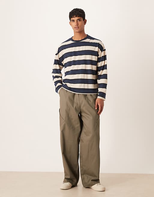 ASOS DESIGN Boxy Oversized Long Sleeve T-shirt With Dropped Shoulder In Blue And Brown Stripe
