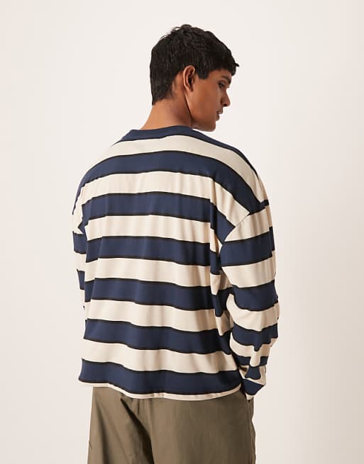 ASOS DESIGN Boxy Oversized Long Sleeve T-shirt With Dropped Shoulder In Blue And Brown Stripe