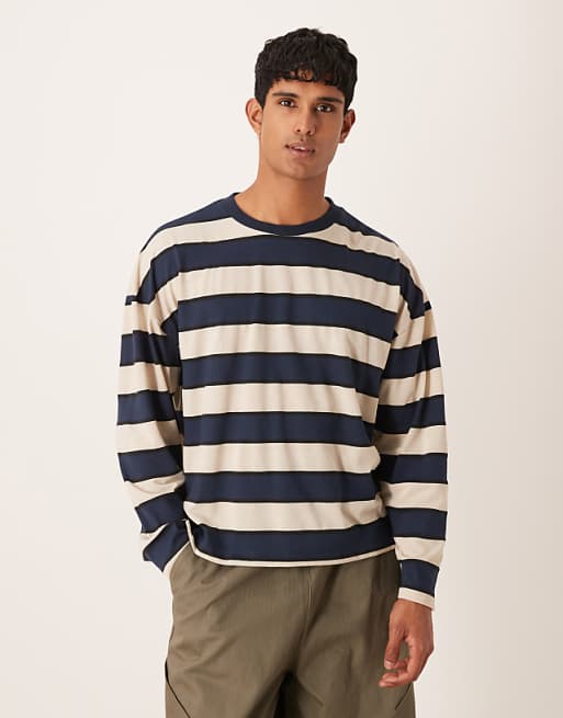 ASOS DESIGN boxy oversized long sleeve t-shirt with dropped shoulder in blue and brown stripe