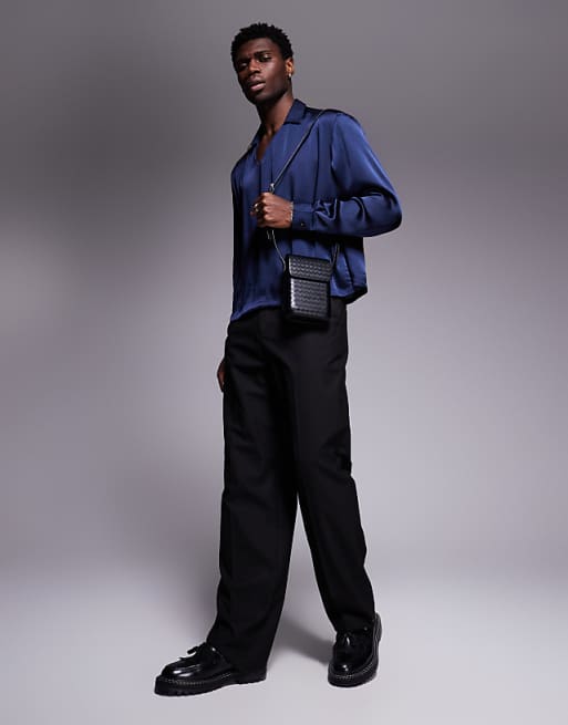 ASOS DESIGN Boxy Oversized Overhead Satin Shirt In Navy