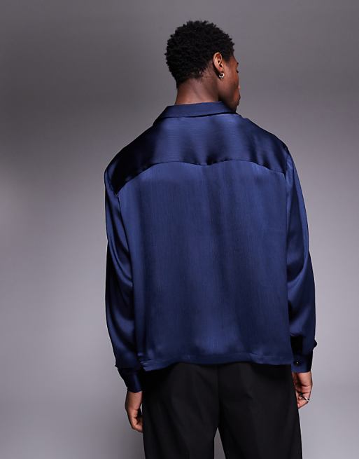 ASOS DESIGN Boxy Oversized Overhead Satin Shirt In Navy