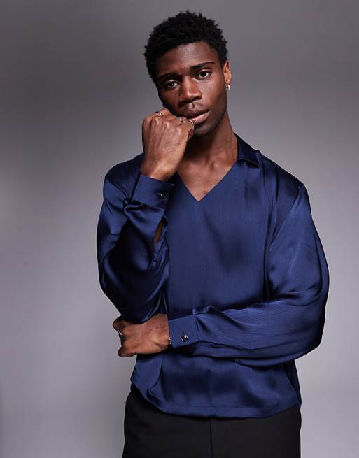 ASOS DESIGN boxy oversized overhead satin shirt in navy