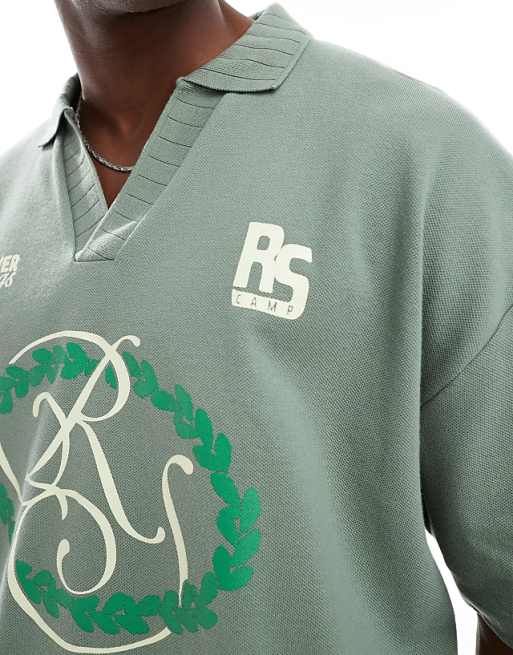 ASOS DESIGN Boxy Oversized Pique Polo With Front Print In Sage