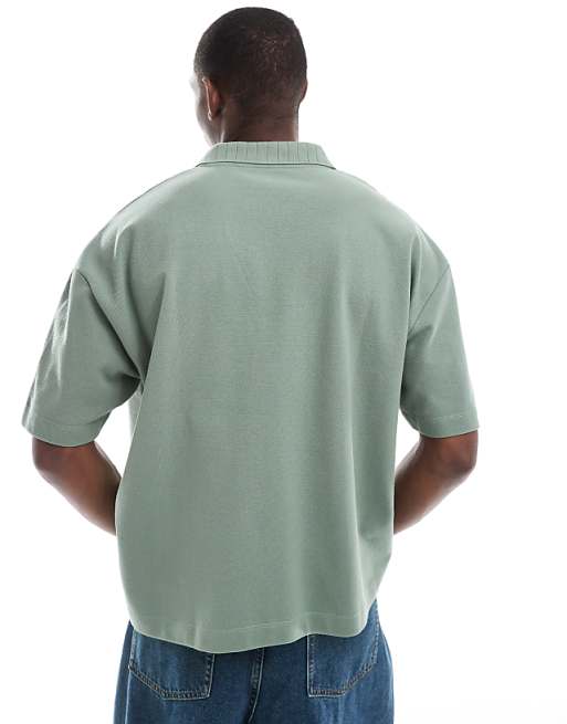 ASOS DESIGN Boxy Oversized Pique Polo With Front Print In Sage
