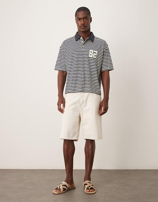 ASOS DESIGN Boxy Oversized Polo In Black And White Stripe