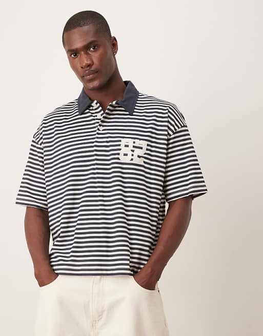 ASOS DESIGN boxy oversized polo in black and white stripe