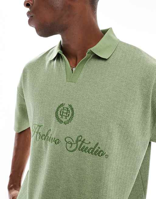 ASOS DESIGN Boxy Oversized Polo With Chest Embroidery In Green Chevron Fabric