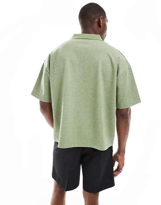 ASOS DESIGN Boxy Oversized Polo With Chest Embroidery In Green Chevron Fabric