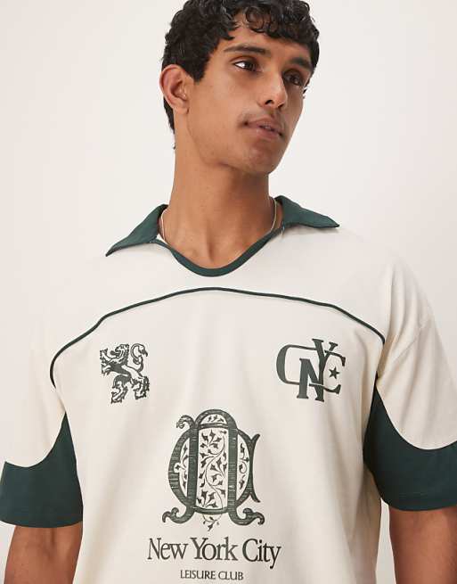 ASOS DESIGN Boxy Oversized Polo With Cut And Sew Panelling And City Graphics In Cream