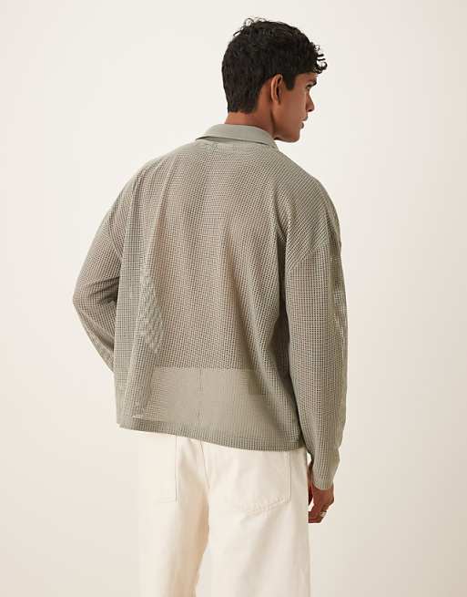 ASOS DESIGN Boxy Oversized Polo With Dropped Shoulder In Khaki Open Mesh