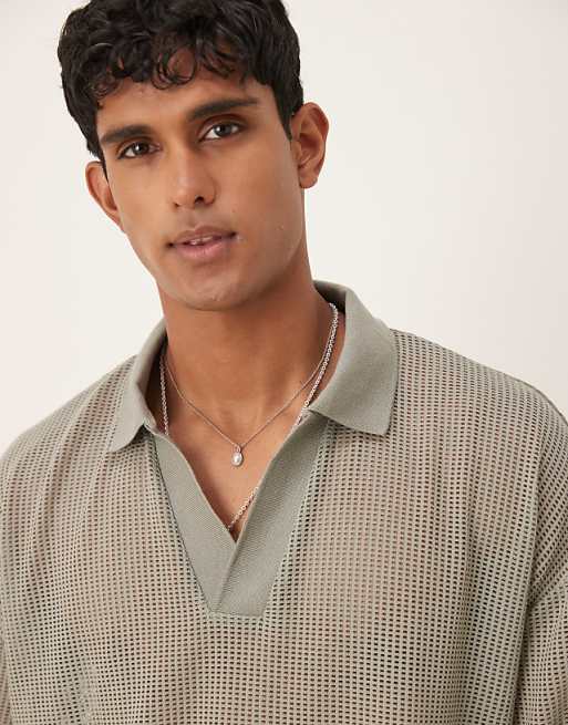 ASOS DESIGN Boxy Oversized Polo With Dropped Shoulder In Khaki Open Mesh