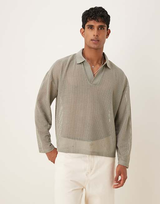 ASOS DESIGN boxy oversized polo with dropped shoulder in khaki open mesh