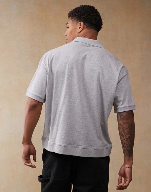 ASOS DESIGN Boxy Oversized Polo With Sports Graphics In Grey Marl