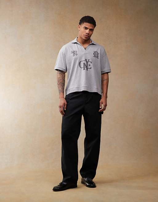 ASOS DESIGN Boxy Oversized Polo With Sports Graphics In Grey Marl