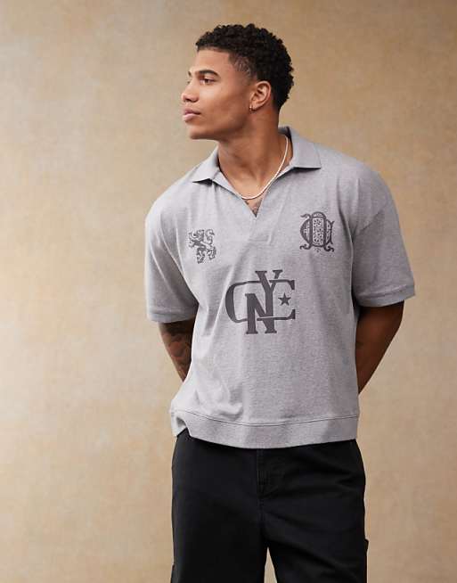 ASOS DESIGN boxy oversized polo with sports graphics in grey marl