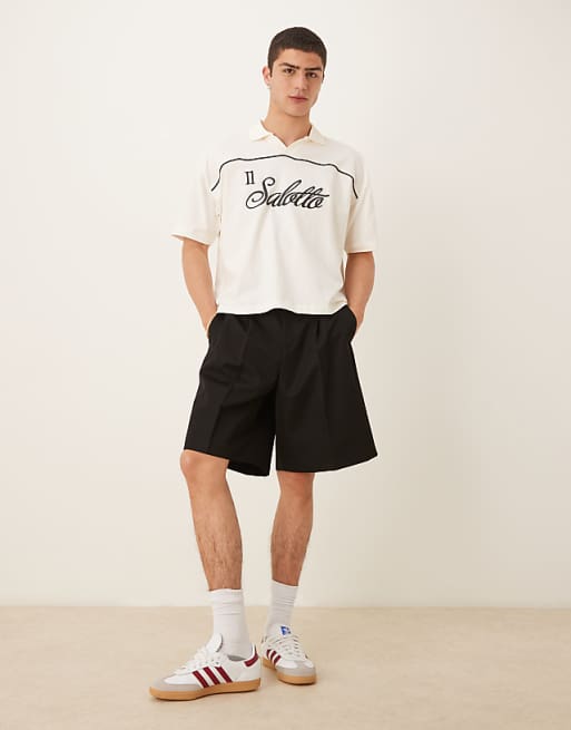 ASOS DESIGN Boxy Oversized Polo With Text Graphic In Cream