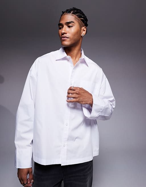 ASOS DESIGN Boxy Oversized Poplin Shirt With Badge Detail In White