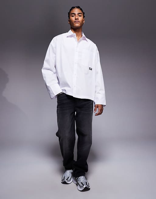 ASOS DESIGN boxy oversized poplin shirt with badge detail in white