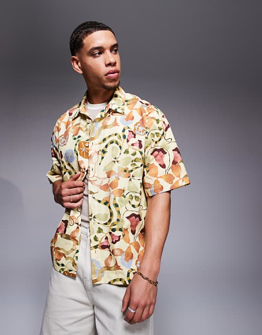 ASOS DESIGN boxy oversized printed shirt in neutral