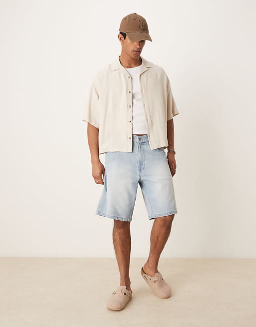 ASOS DESIGN Boxy Oversized Revere Linen Blend Shirt In Stone