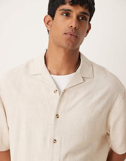 ASOS DESIGN Boxy Oversized Revere Linen Blend Shirt In Stone