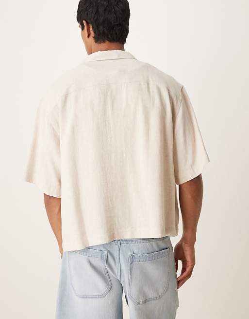 ASOS DESIGN Boxy Oversized Revere Linen Blend Shirt In Stone