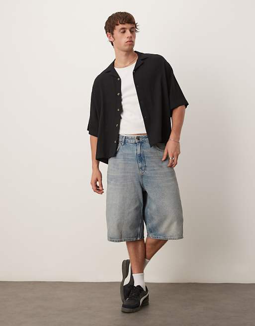ASOS DESIGN Boxy Oversized Revere Linen Blend Shirt In Black