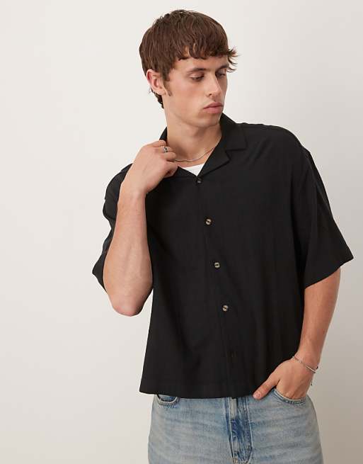 ASOS DESIGN boxy oversized revere linen blend shirt in black