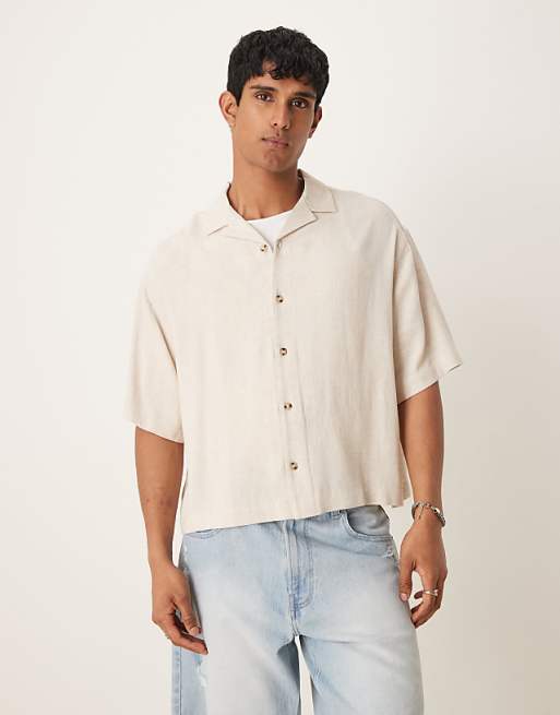 ASOS DESIGN boxy oversized revere linen blend shirt in stone