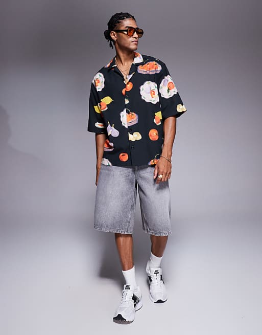 ASOS DESIGN Boxy Oversized Revere Printed Shirt In Black