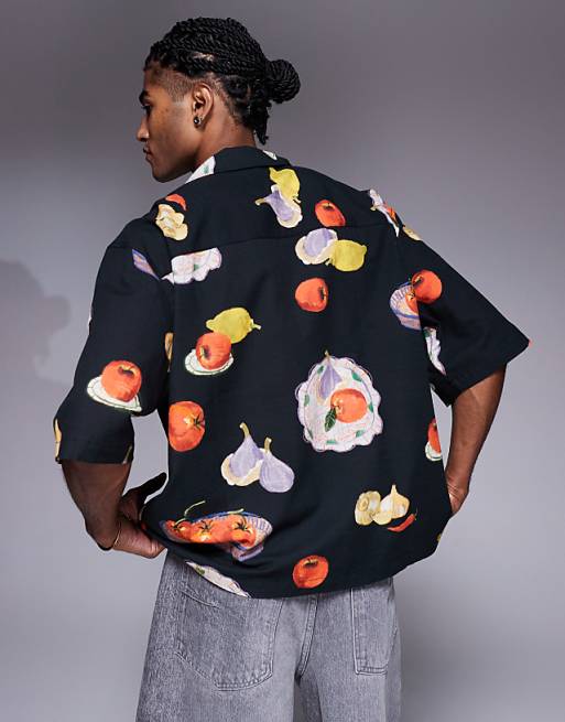 ASOS DESIGN Boxy Oversized Revere Printed Shirt In Black