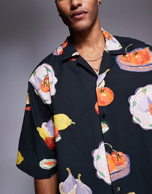 ASOS DESIGN Boxy Oversized Revere Printed Shirt In Black