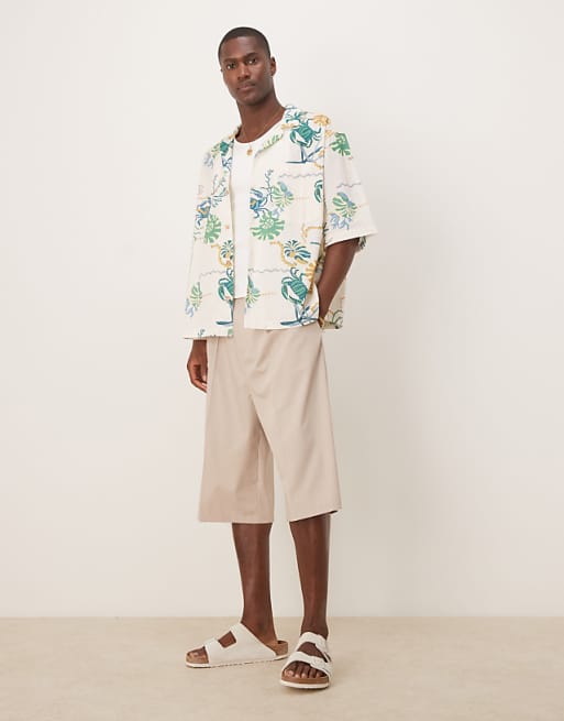 ASOS DESIGN Boxy Oversized Revere Printed Shirt In Neutral