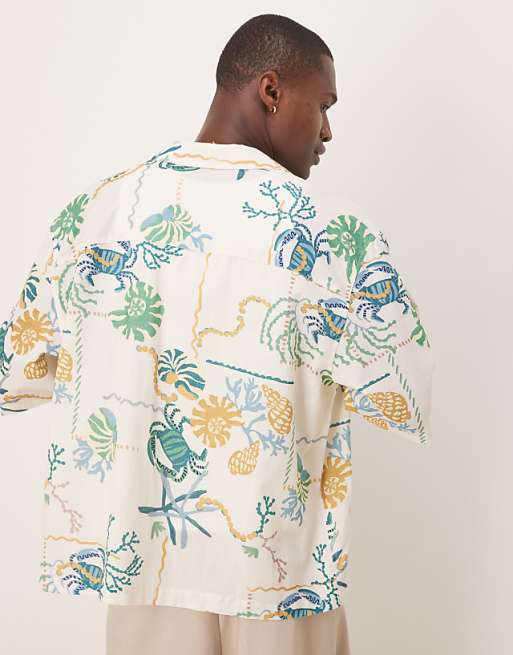 ASOS DESIGN Boxy Oversized Revere Printed Shirt In Neutral