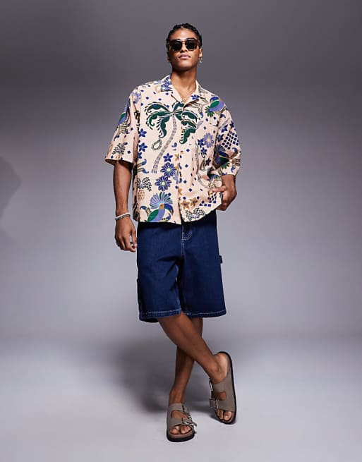 ASOS DESIGN Boxy Oversized Revere Printed Shirt In Beige