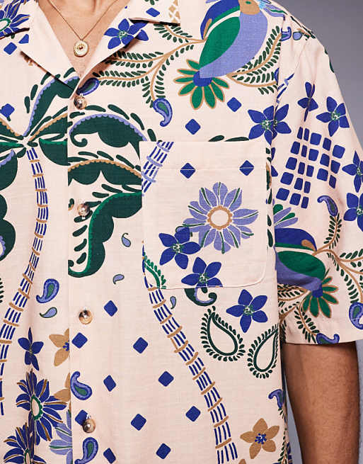 ASOS DESIGN Boxy Oversized Revere Printed Shirt In Beige