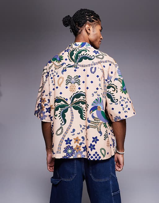 ASOS DESIGN Boxy Oversized Revere Printed Shirt In Beige