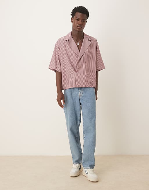 ASOS DESIGN Boxy Oversized Revere Shirt In Burgundy Stripe