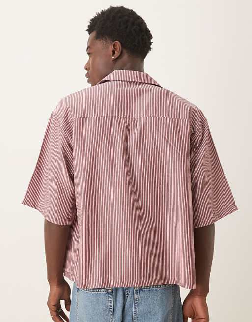 ASOS DESIGN Boxy Oversized Revere Shirt In Burgundy Stripe